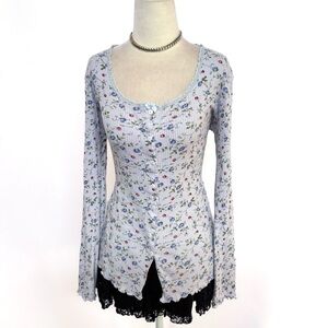 Vintage 90’s Victoria’s Secret Country Pastel Blue Ribbed Floral Cardigan M